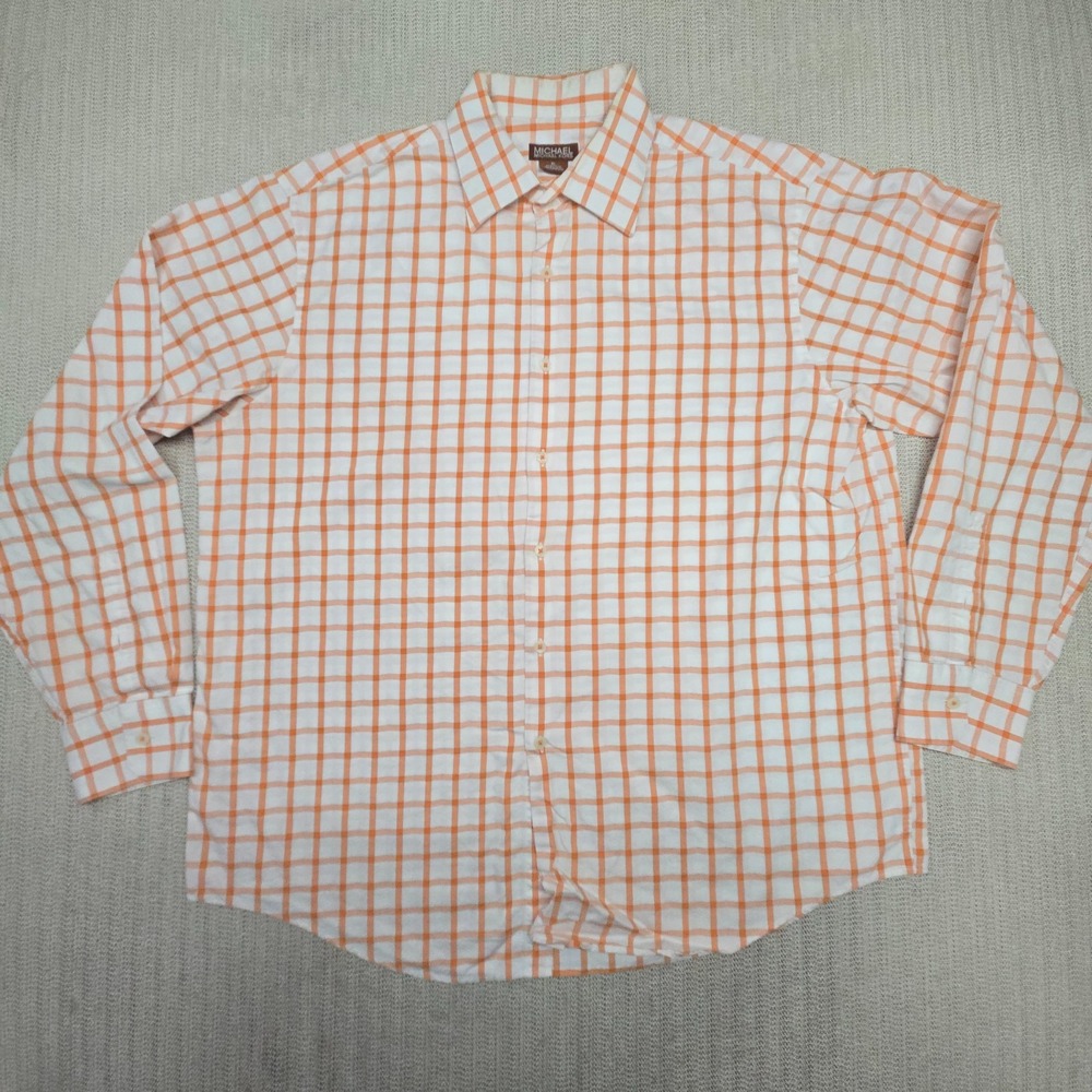 Michael Kors Shirt Mens XL Orange White Check Long Sleeve Button Up Down Preppy